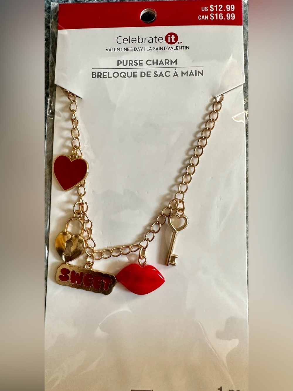 Gold Purse Charm with Red Heart & Red Lips - Sweet Motif